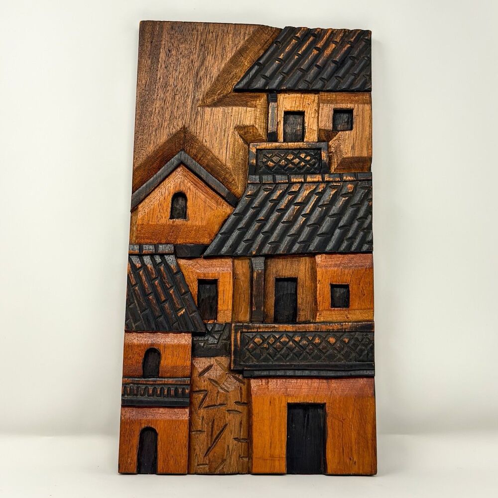 Vintage Hand Carved Wood Village Relief Wall Art Signed Antonio V Folk Art